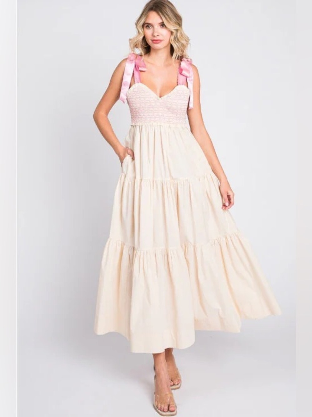 Lovelo Cream and Pink Smocked Tiered Maxi Dress with Bow Straps